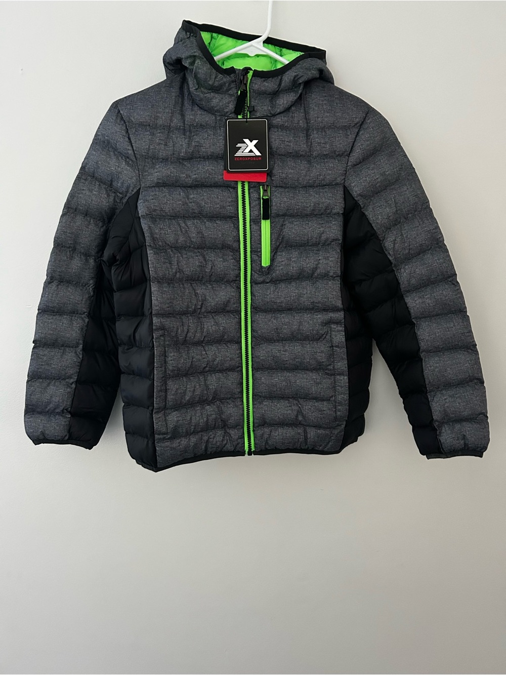ZeroXposur Kids' Gray & Black Hooded Puffer Jacket with Lime Trim